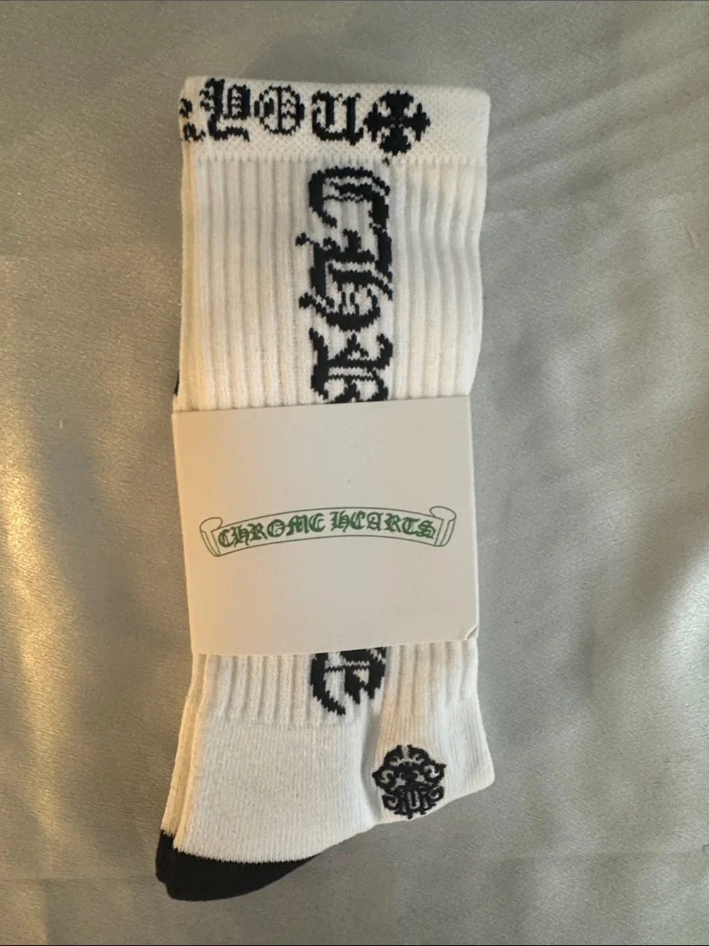New! Chrome Hearts White Crew Socks with Black Gothic Logos